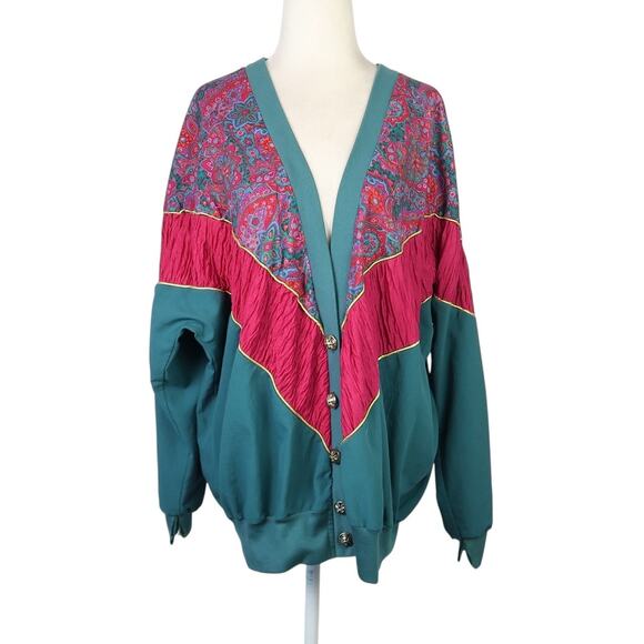 Vintage 90s Silver Threads Teal Green and Pink Mixed Medium Jacket XL - Picture 1 of 6